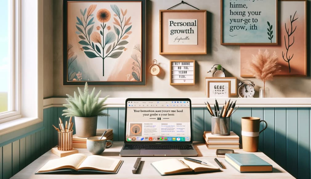 a desk with a laptop and books in front of a wall with pictures