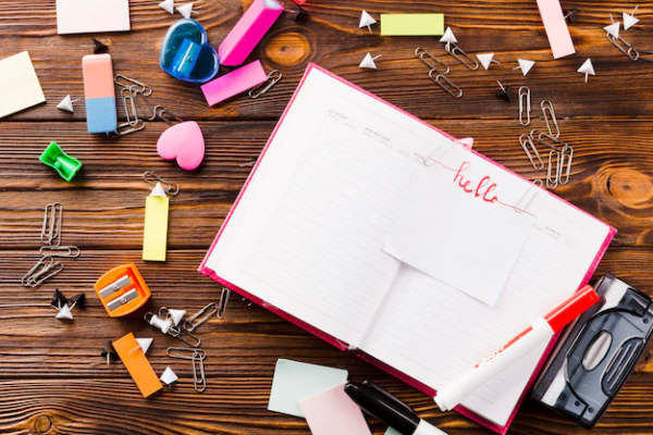 The journal opens to a page, surrounded by pens and stationer